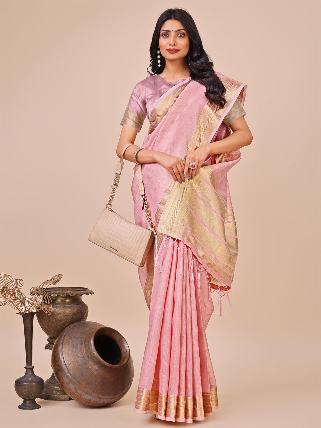 Shree Shyam Fashion Peach Organza Woven Zari Work Traditional Tassel Saree