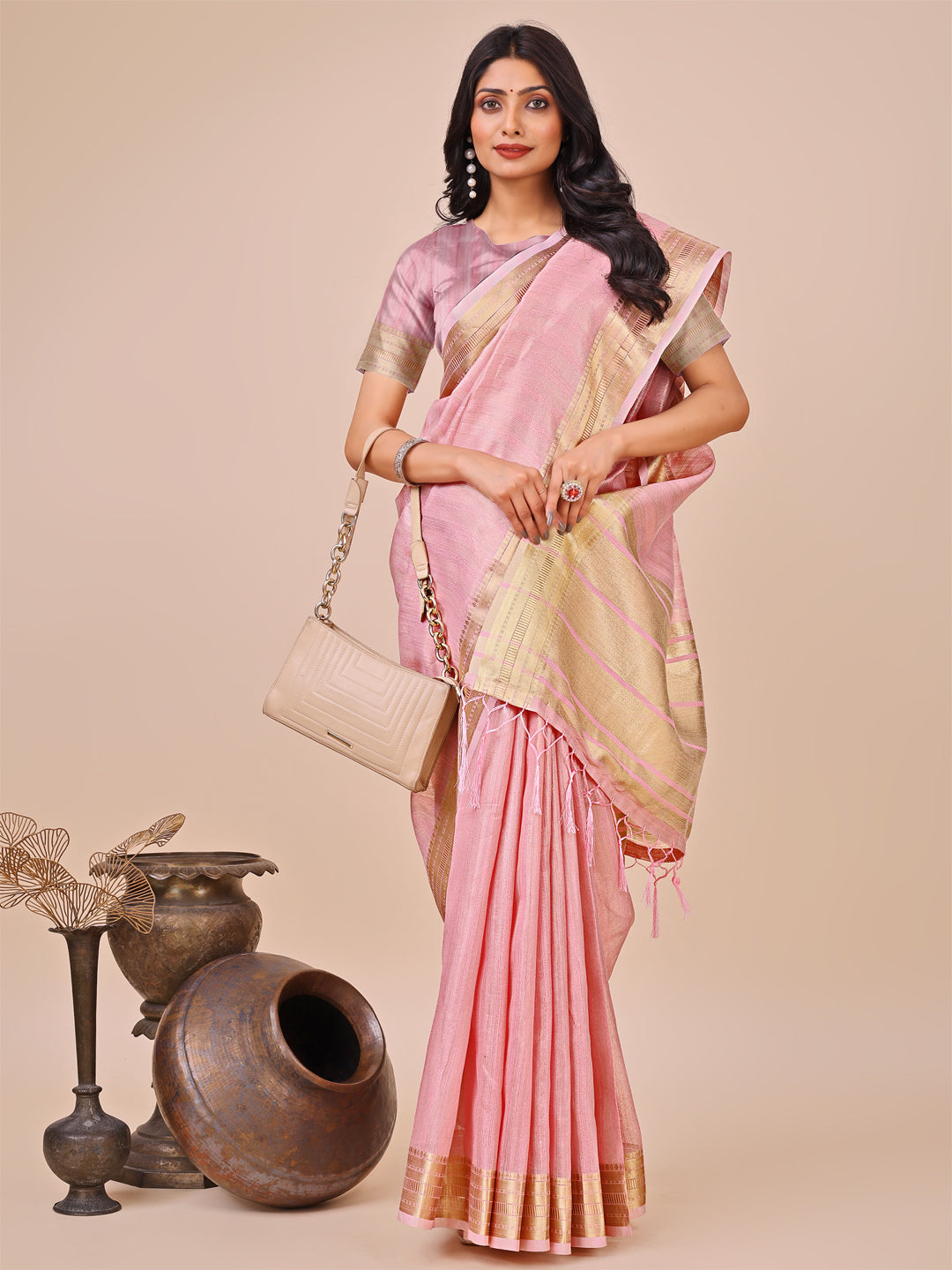 Shree Shyam Fashion Peach Organza Woven Zari Work Traditional Tassel Saree