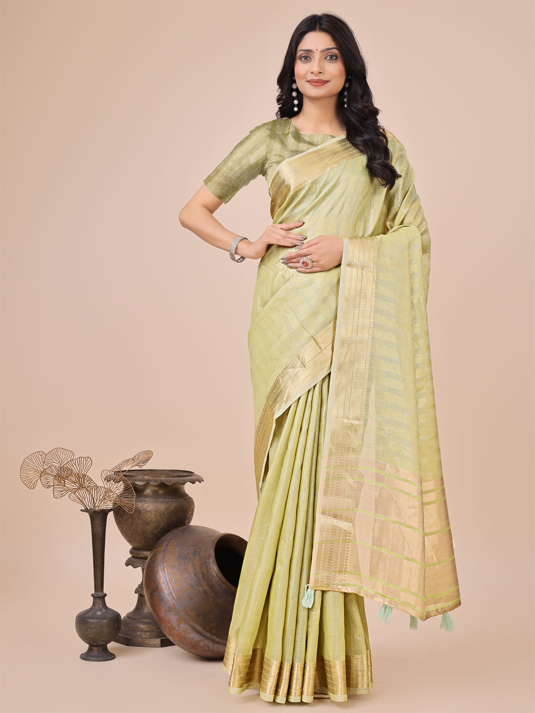 Shree Shyam Fashion Light Green Organza Woven Zari Work Traditional Tassel Saree