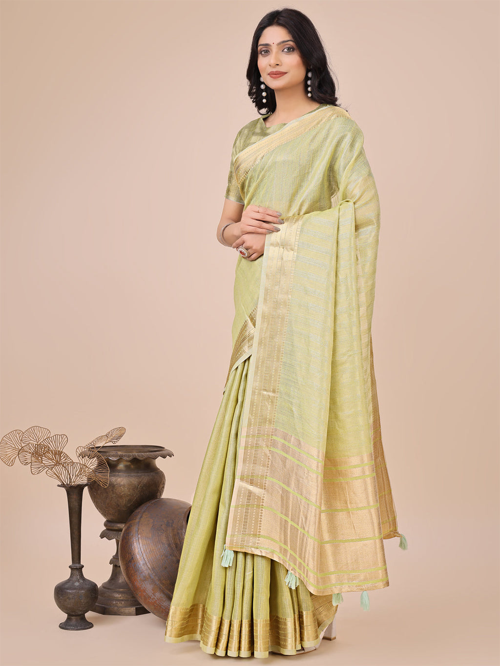 Shree Shyam Fashion Light Green Organza Woven Zari Work Traditional Tassel Saree
