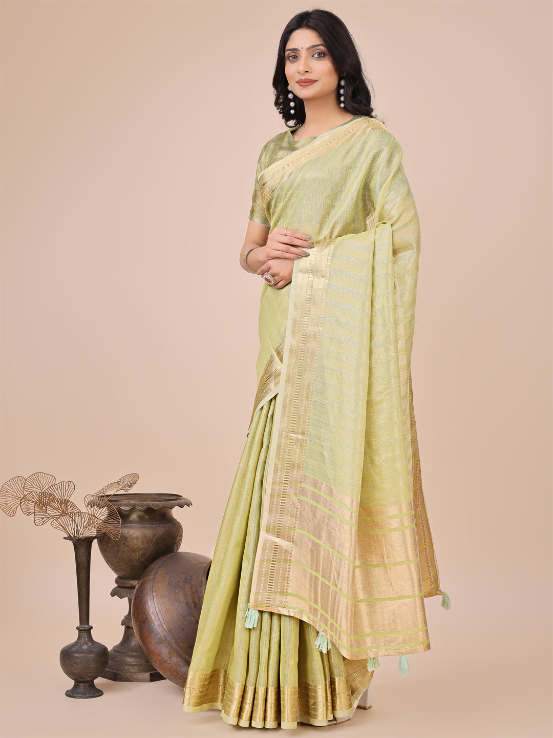 Shree Shyam Fashion Light Green Organza Woven Zari Work Traditional Tassel Saree