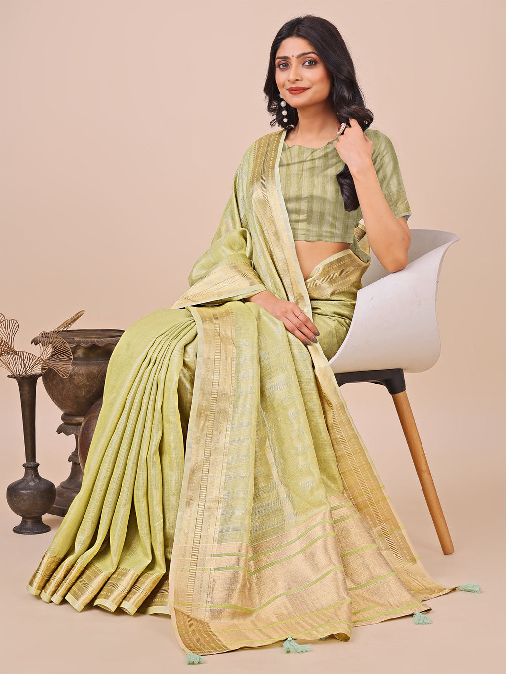 Shree Shyam Fashion Light Green Organza Woven Zari Work Traditional Tassel Saree