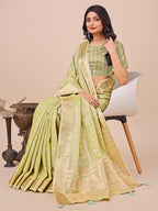 Shree Shyam Fashion Light Green Organza Woven Zari Work Traditional Tassel Saree