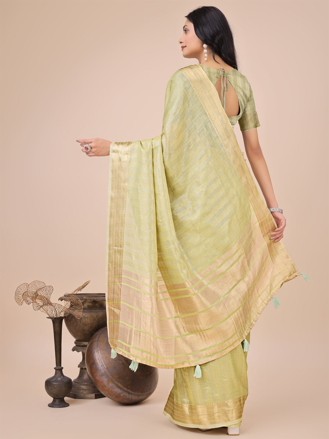 Shree Shyam Fashion Light Green Organza Woven Zari Work Traditional Tassel Saree
