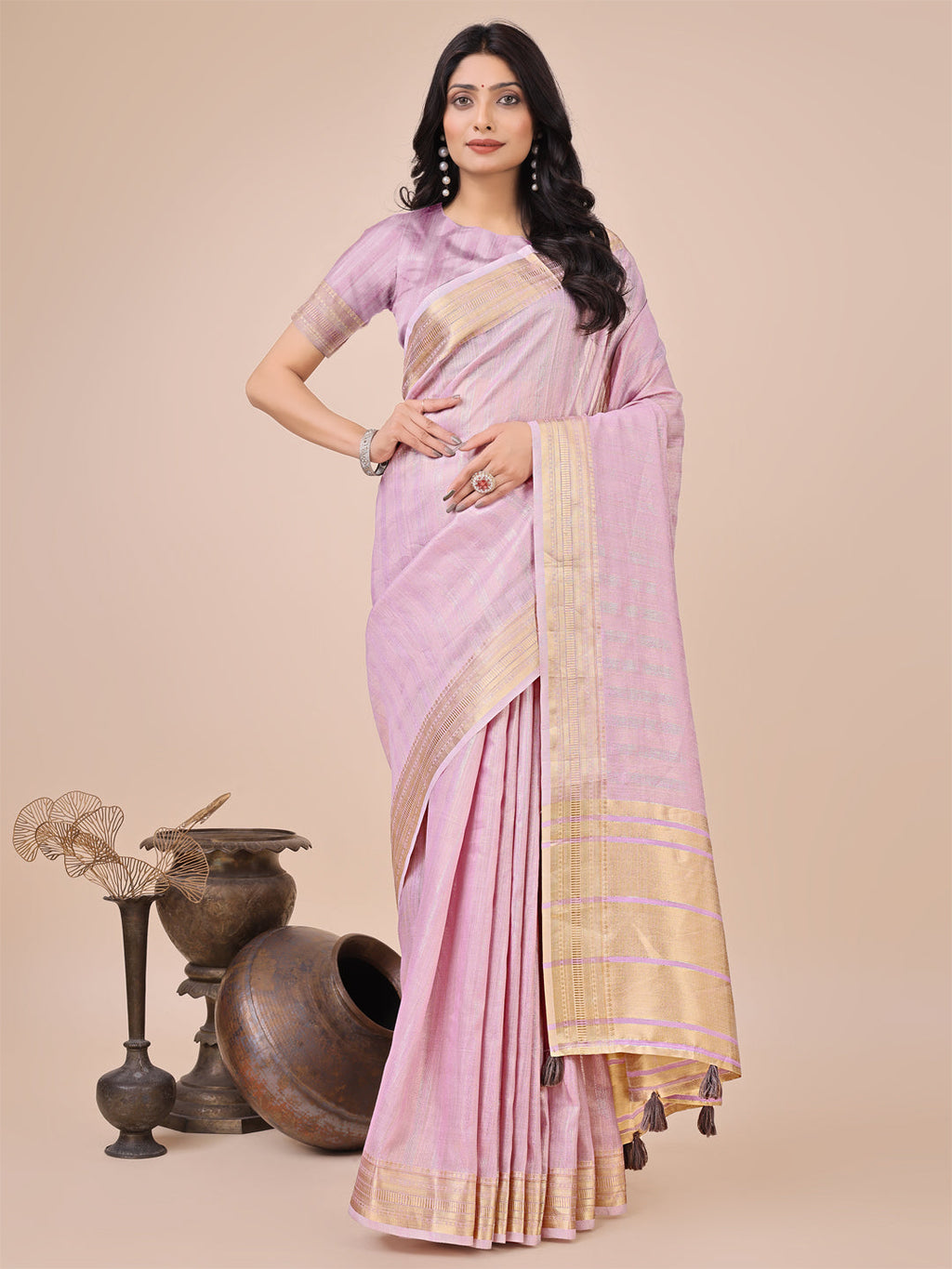 Shree Shyam Fashion Light Pink Organza Woven Zari Work Traditional Tassel Saree