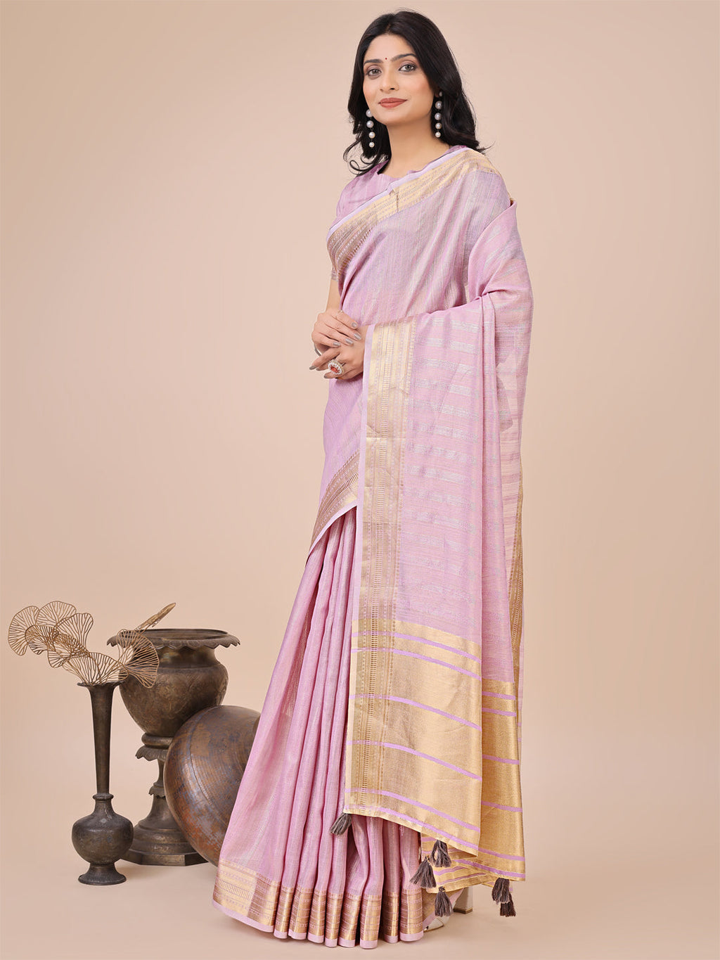 Shree Shyam Fashion Light Pink Organza Woven Zari Work Traditional Tassel Saree