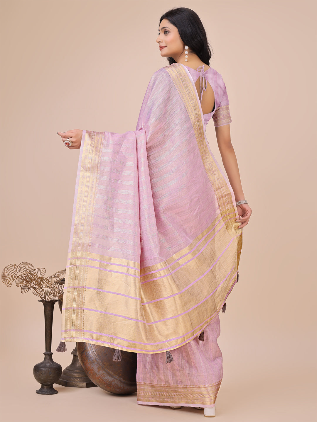 Shree Shyam Fashion Light Pink Organza Woven Zari Work Traditional Tassel Saree