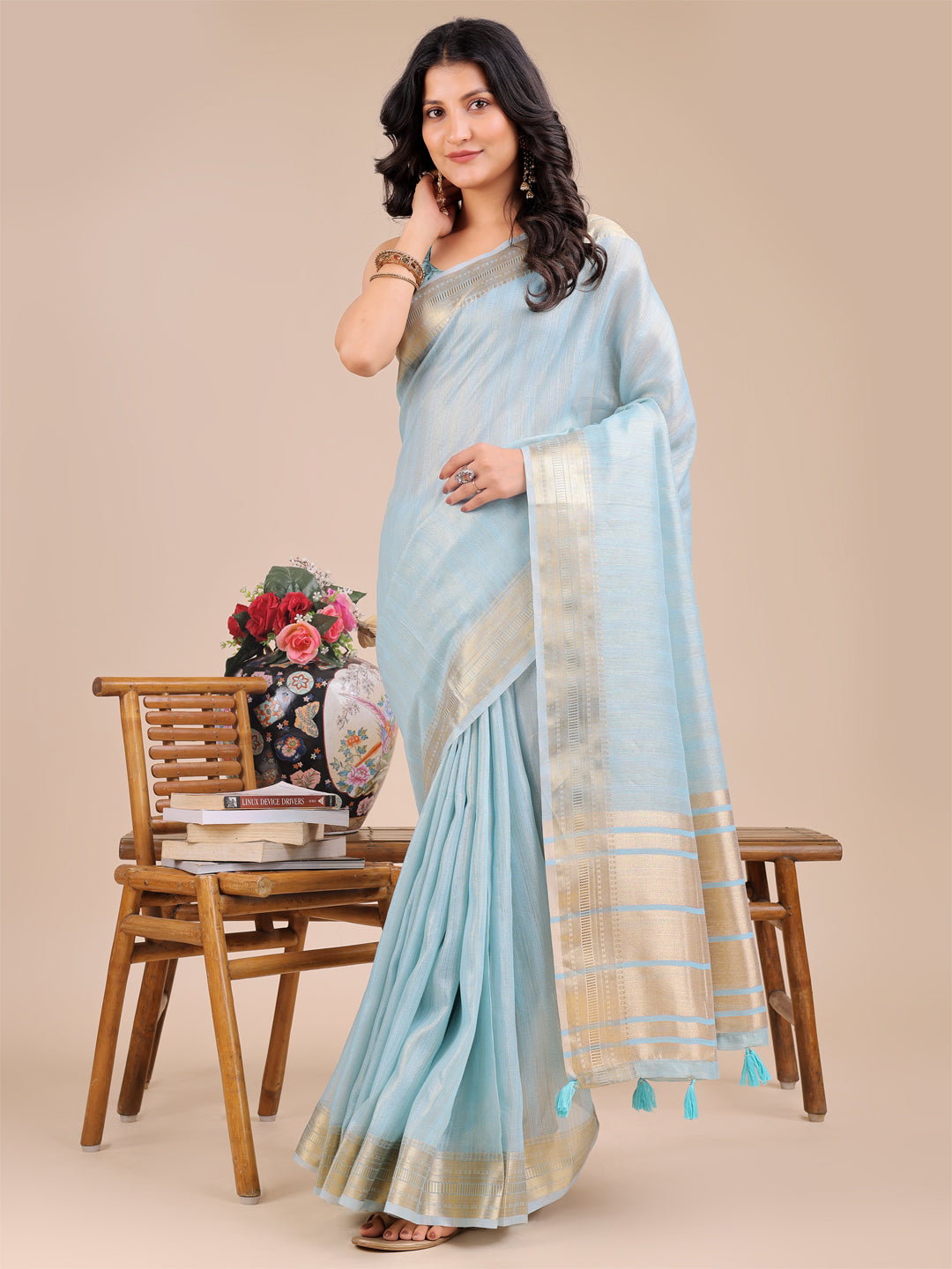 Shree Shyam Fashion Sky Blue Organza Woven Zari Work Traditional Tassel Saree