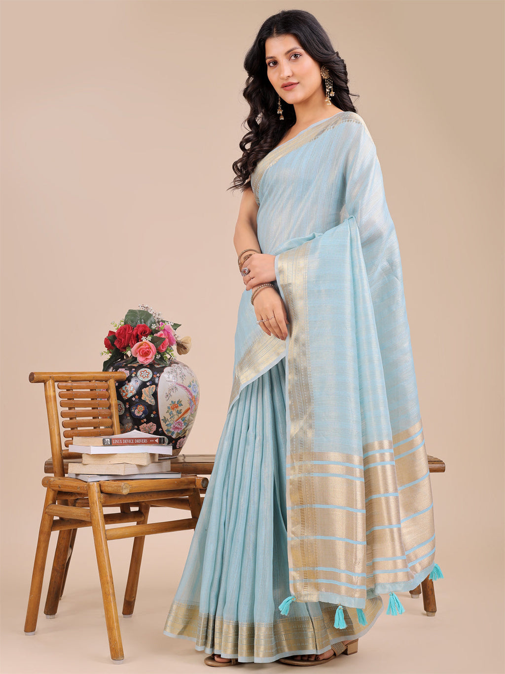 Shree Shyam Fashion Sky Blue Organza Woven Zari Work Traditional Tassel Saree