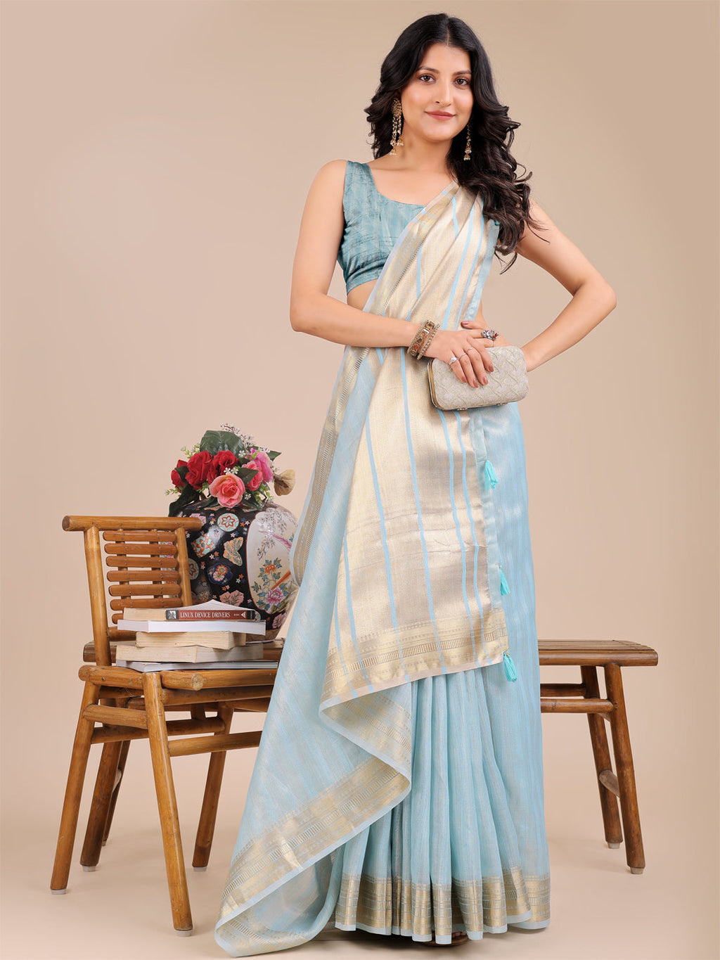 Shree Shyam Fashion Sky Blue Organza Woven Zari Work Traditional Tassel Saree