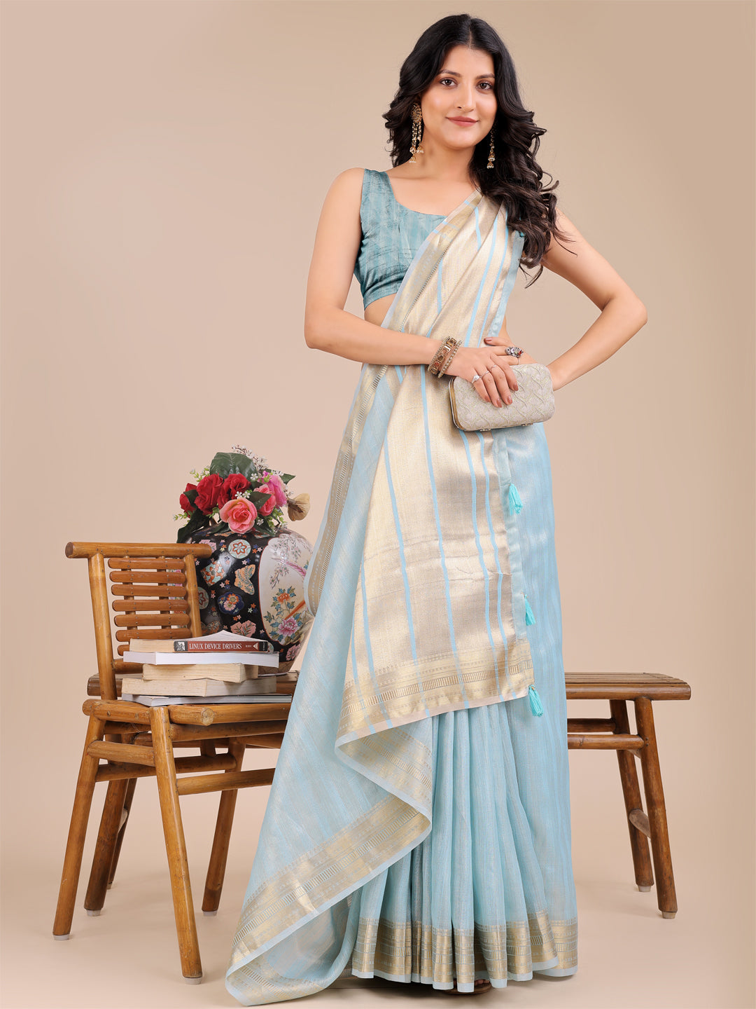 Shree Shyam Fashion Sky Blue Organza Woven Zari Work Traditional Tassel Saree