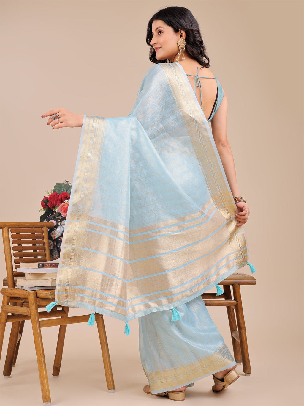 Shree Shyam Fashion Sky Blue Organza Woven Zari Work Traditional Tassel Saree