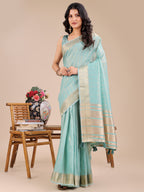 Shree Shyam Fashion Sea Green Organza Woven Zari Work Traditional Tassel Saree