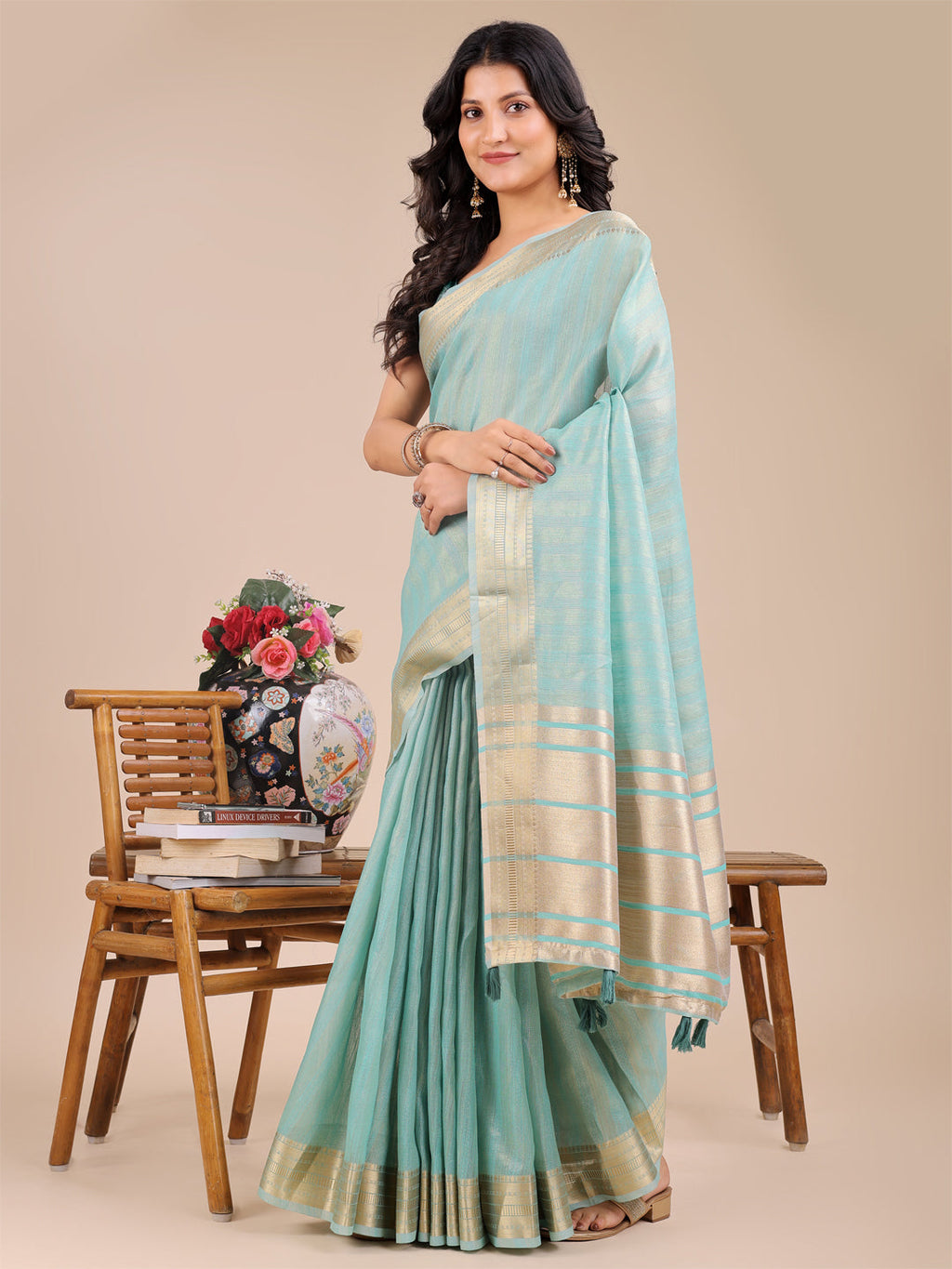 Shree Shyam Fashion Sea Green Organza Woven Zari Work Traditional Tassel Saree