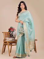 Shree Shyam Fashion Sea Green Organza Woven Zari Work Traditional Tassel Saree