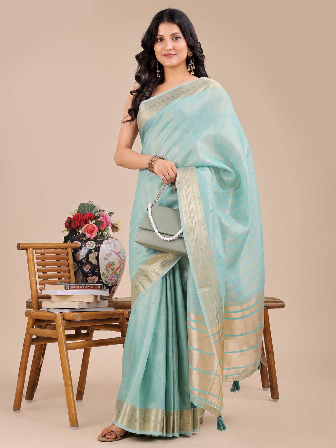 Shree Shyam Fashion Sea Green Organza Woven Zari Work Traditional Tassel Saree