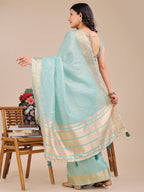 Shree Shyam Fashion Sea Green Organza Woven Zari Work Traditional Tassel Saree