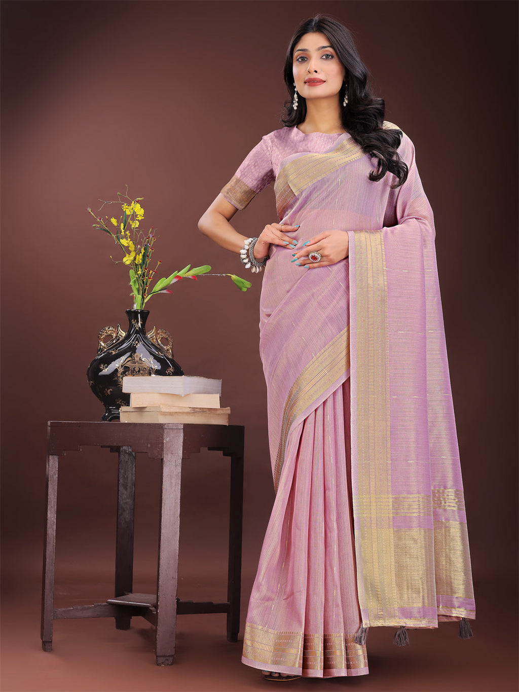 Shree Shyam Fashion Elegant Purple Organza Saree with Golden Zari Border - Festive & Office Wear Saree with Blouse Piece