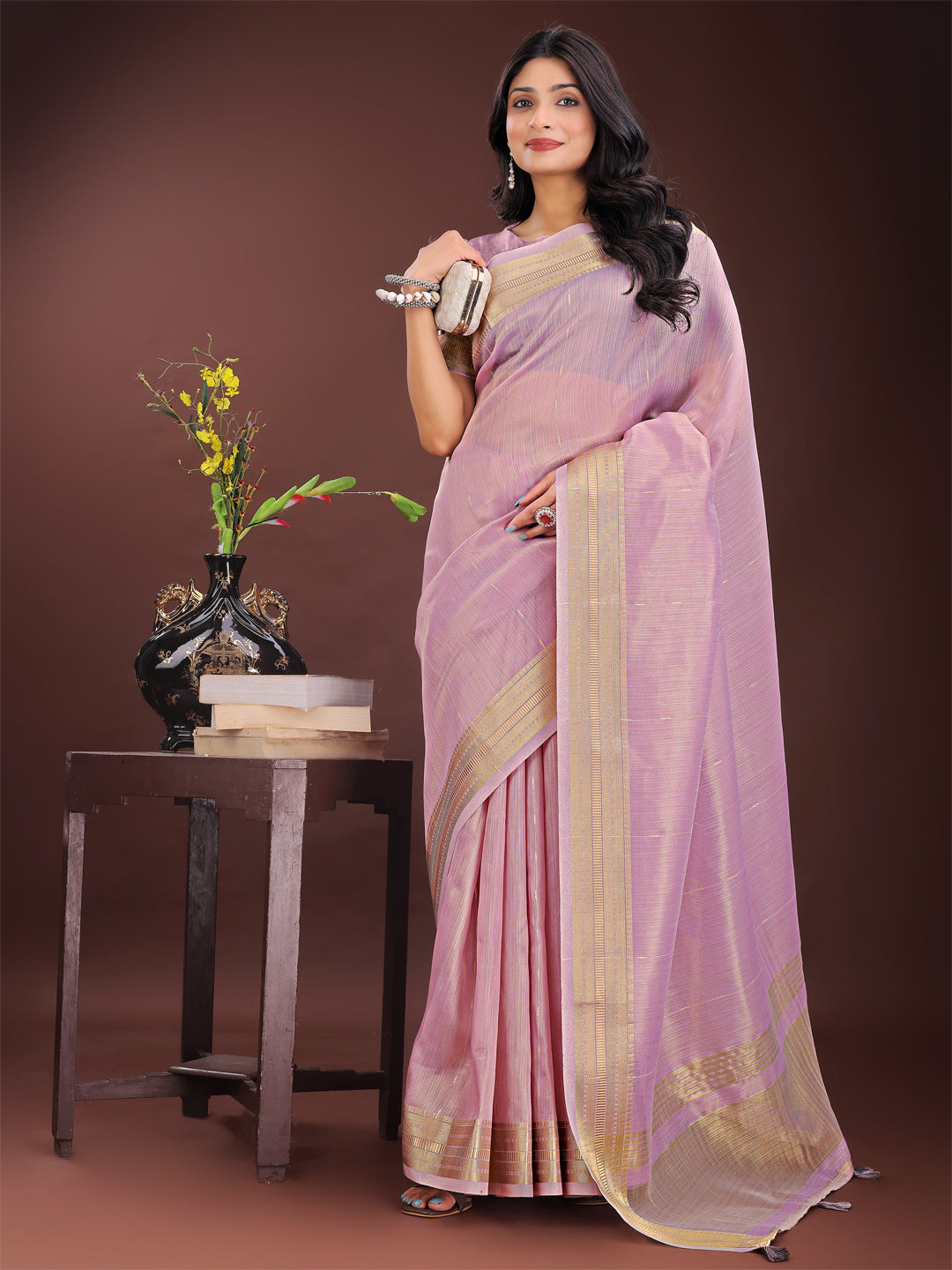 Shree Shyam Fashion Elegant Purple Organza Saree with Golden Zari Border - Festive & Office Wear Saree with Blouse Piece