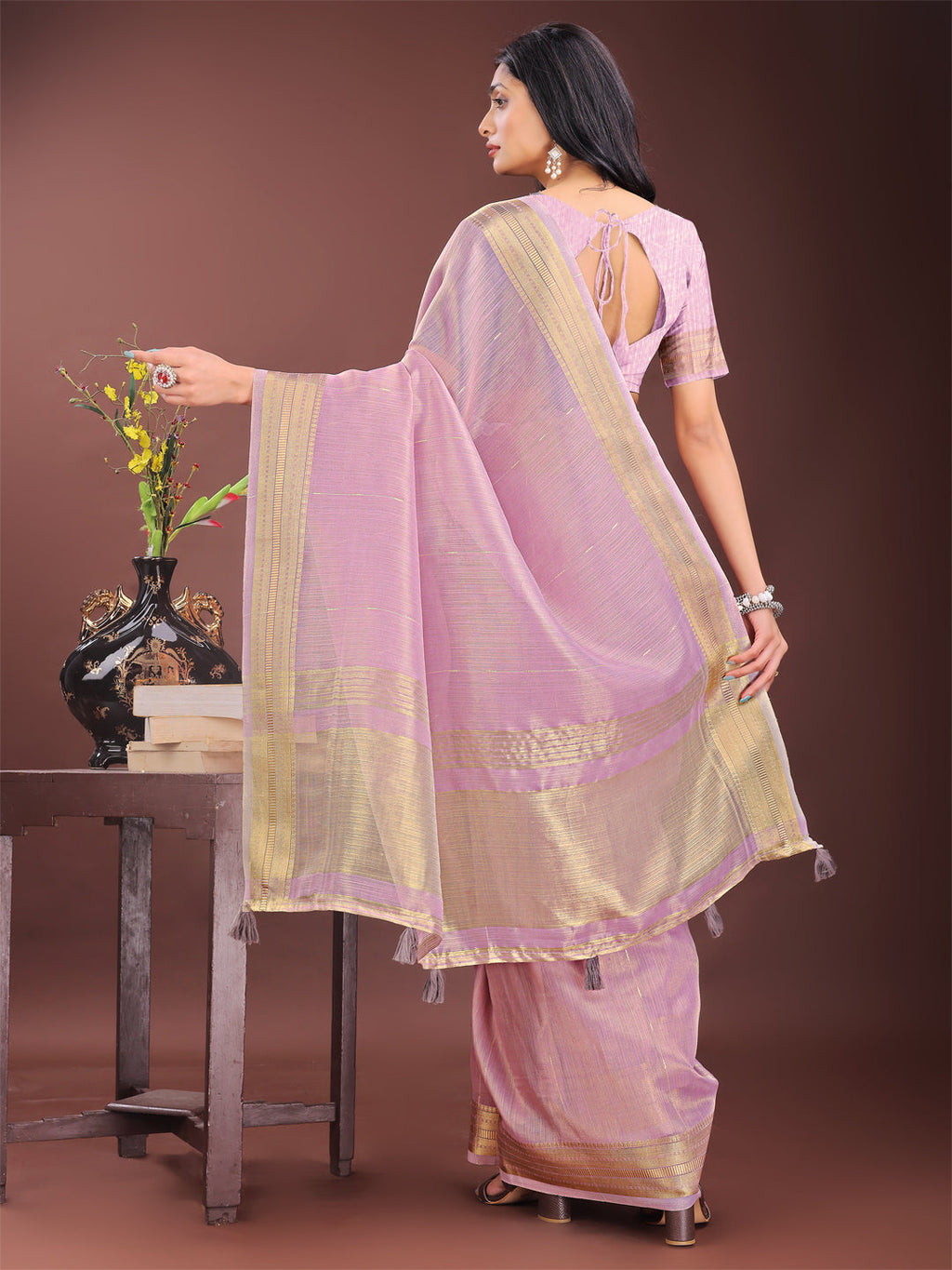 Shree Shyam Fashion Elegant Purple Organza Saree with Golden Zari Border - Festive & Office Wear Saree with Blouse Piece