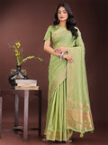 Shree Shyam Fashion Elegant Light Green Organza Saree with Golden Zari Border - Festive & Office Wear Saree with Blouse Piece
