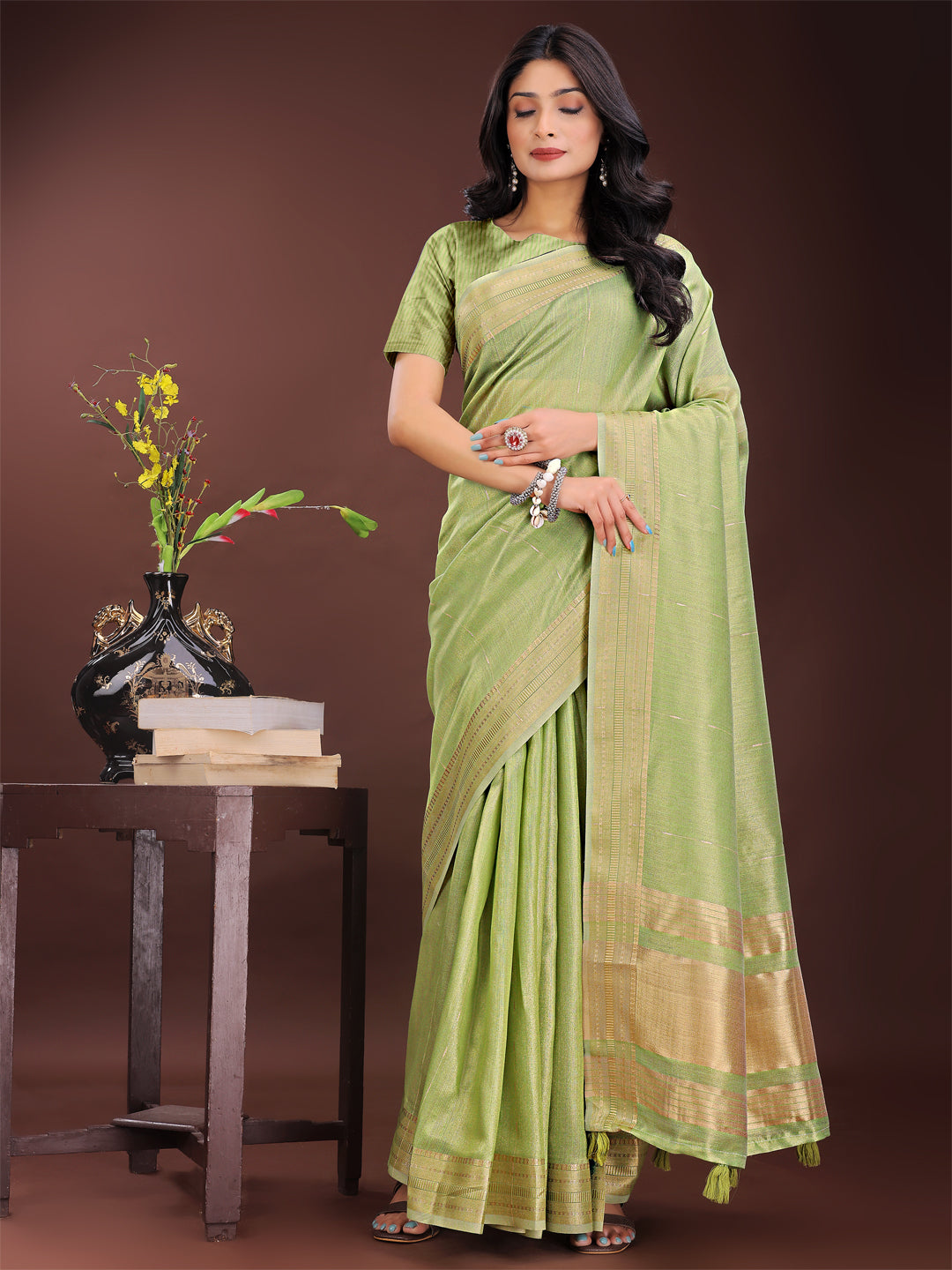 Shree Shyam Fashion Elegant Light Green Organza Saree with Golden Zari Border - Festive & Office Wear Saree with Blouse Piece