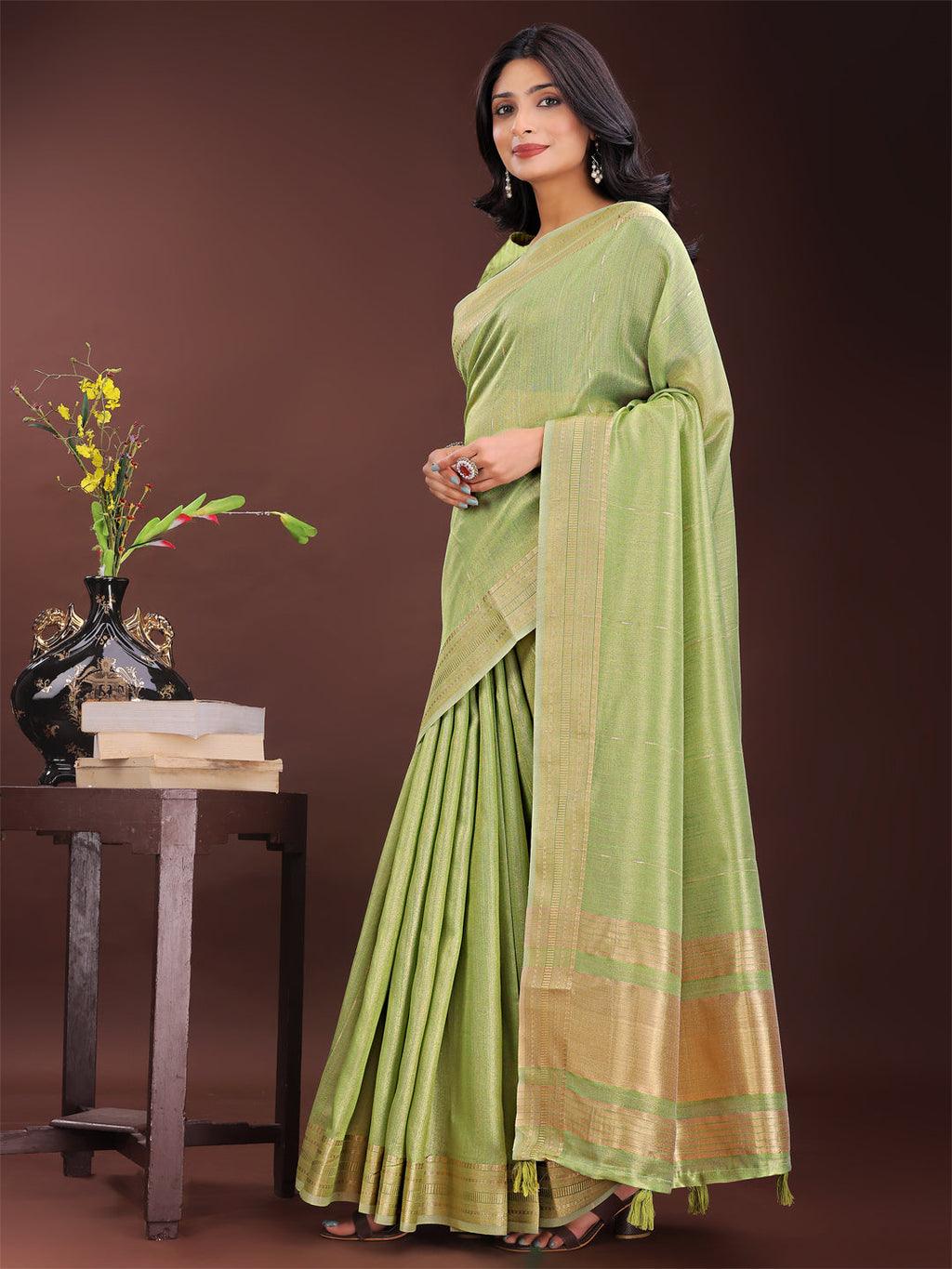 Shree Shyam Fashion Elegant Light Green Organza Saree with Golden Zari Border - Festive & Office Wear Saree with Blouse Piece