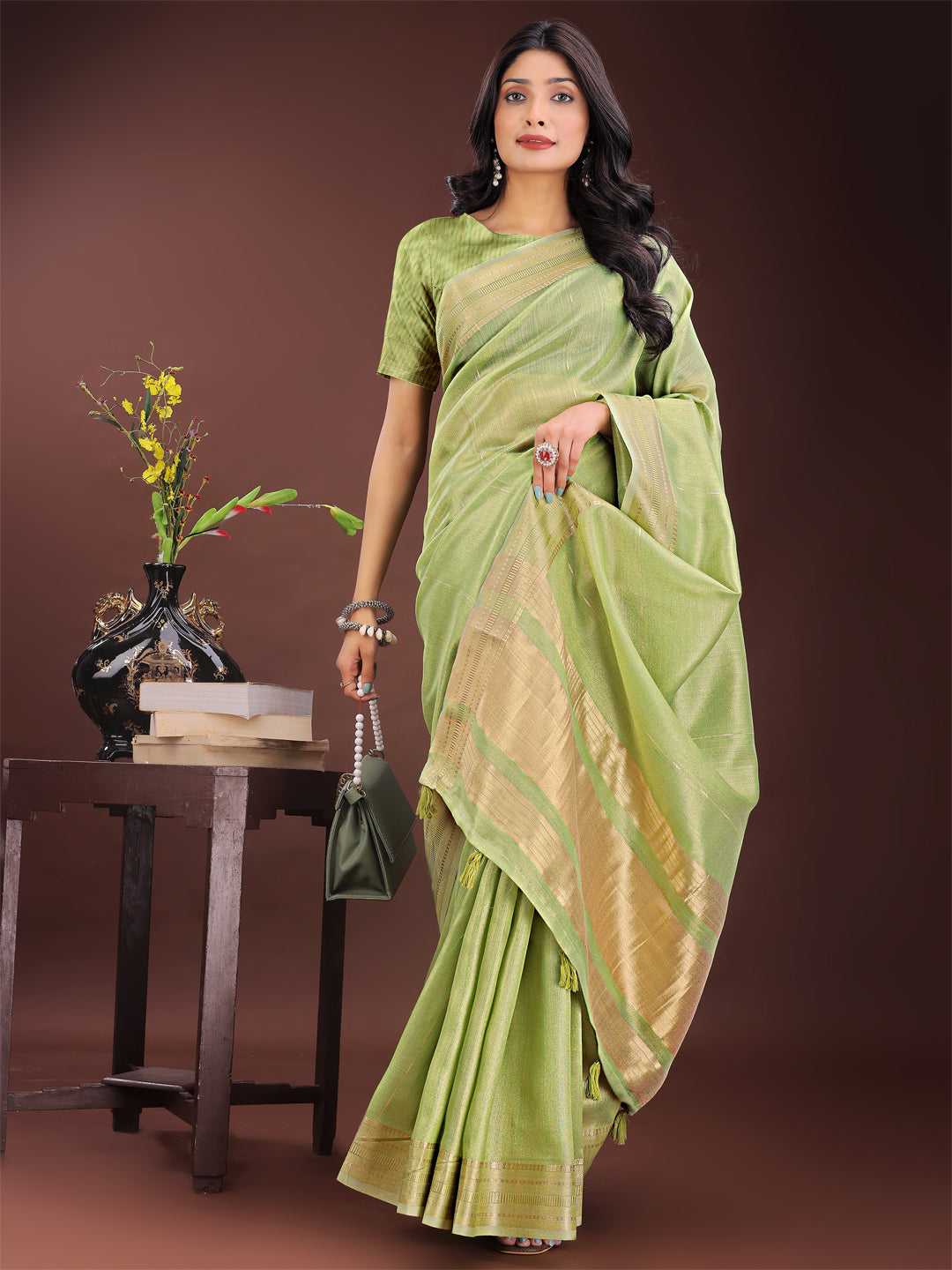Shree Shyam Fashion Elegant Light Green Organza Saree with Golden Zari Border - Festive & Office Wear Saree with Blouse Piece