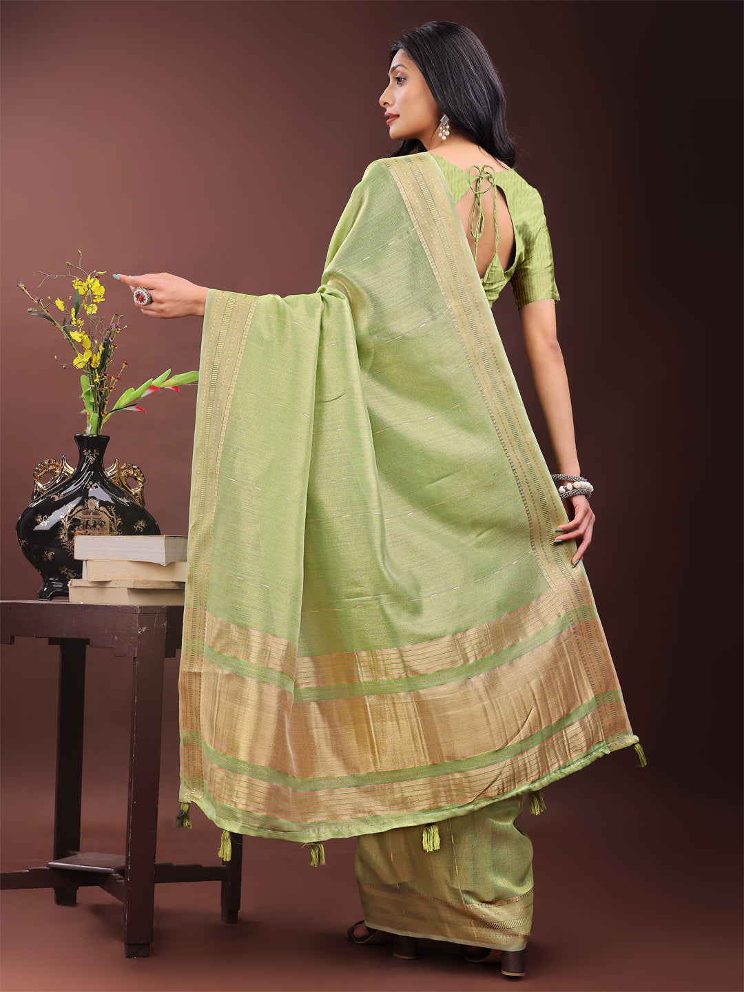 Shree Shyam Fashion Elegant Light Green Organza Saree with Golden Zari Border - Festive & Office Wear Saree with Blouse Piece
