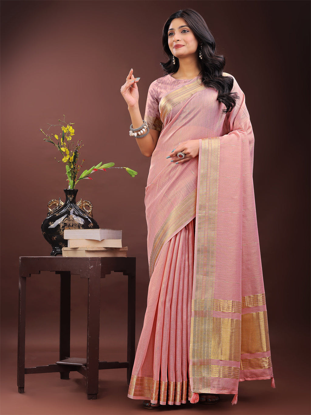 Shree Shyam Fashion Elegant Light Pink Organza Saree with Golden Zari Border - Festive & Office Wear Saree with Blouse Piece