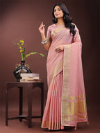 Shree Shyam Fashion Elegant Light Pink Organza Saree with Golden Zari Border - Festive & Office Wear Saree with Blouse Piece