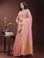 Shree Shyam Fashion Elegant Light Pink Organza Saree with Golden Zari Border - Festive & Office Wear Saree with Blouse Piece