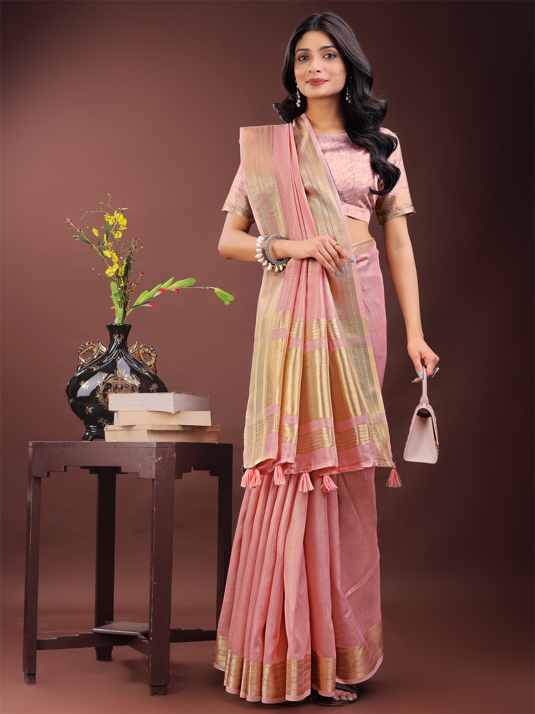Shree Shyam Fashion Elegant Light Pink Organza Saree with Golden Zari Border - Festive & Office Wear Saree with Blouse Piece