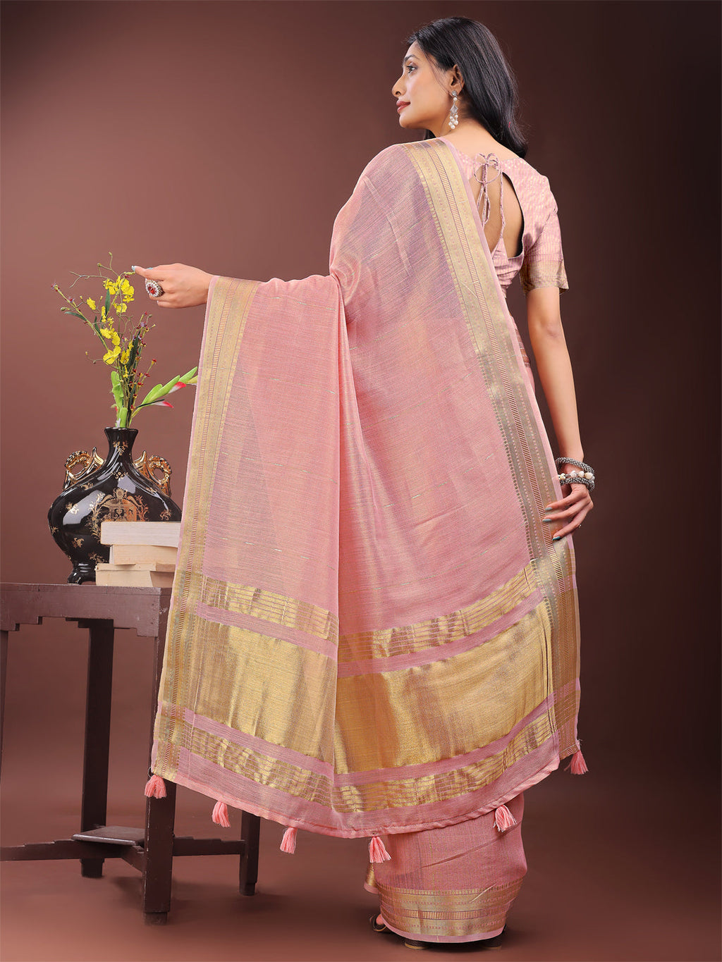Shree Shyam Fashion Elegant Light Pink Organza Saree with Golden Zari Border - Festive & Office Wear Saree with Blouse Piece