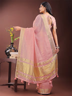 Shree Shyam Fashion Elegant Light Pink Organza Saree with Golden Zari Border - Festive & Office Wear Saree with Blouse Piece