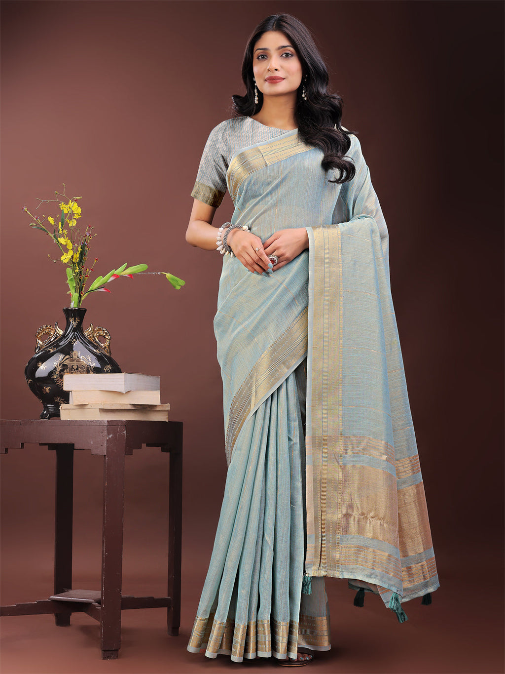 Shree Shyam Fashion Elegant Sky Blue Organza Saree with Golden Zari Border - Festive & Office Wear Saree with Blouse Piece