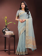 Shree Shyam Fashion Elegant Sky Blue Organza Saree with Golden Zari Border - Festive & Office Wear Saree with Blouse Piece