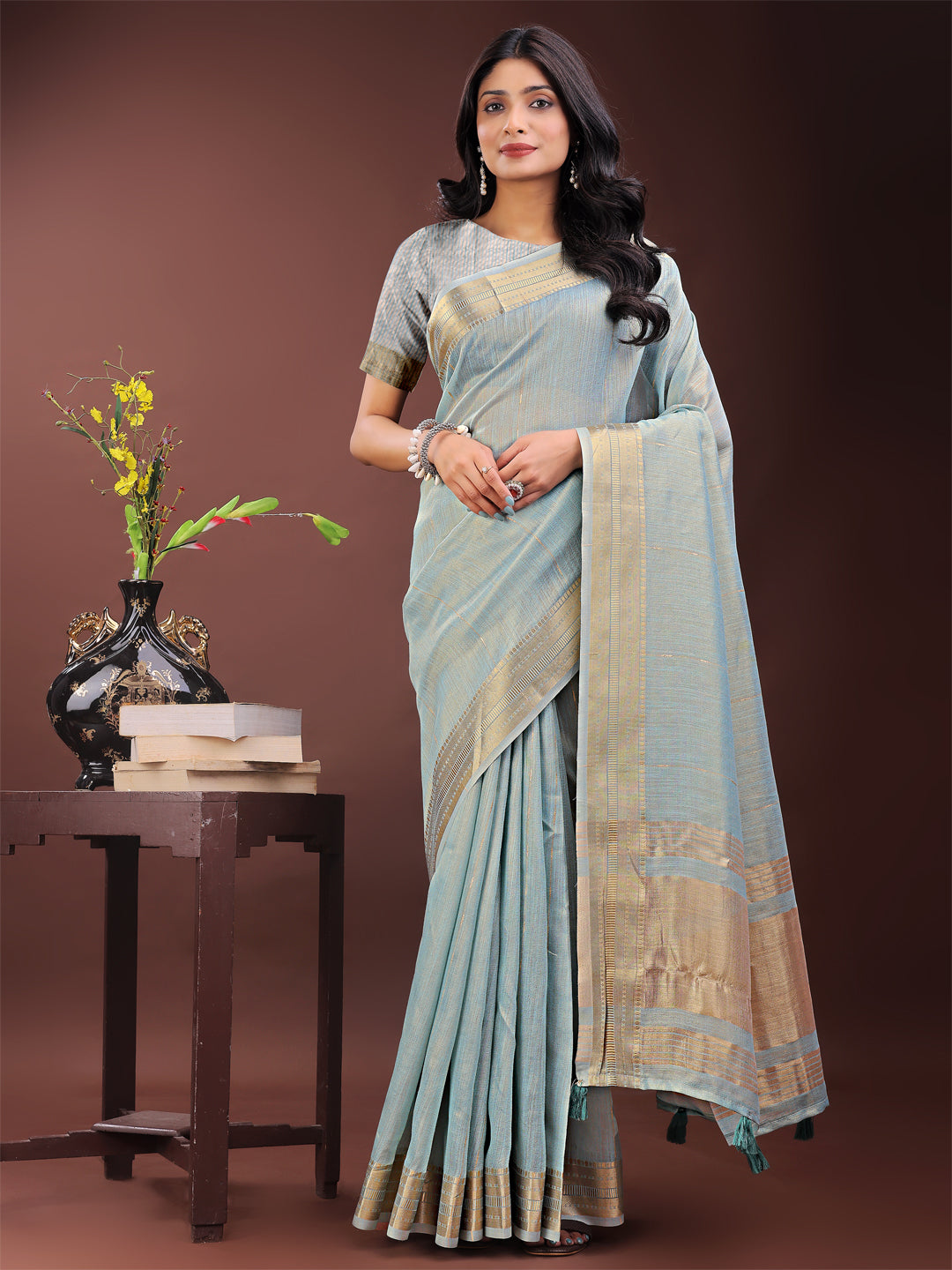 Shree Shyam Fashion Elegant Sky Blue Organza Saree with Golden Zari Border - Festive & Office Wear Saree with Blouse Piece