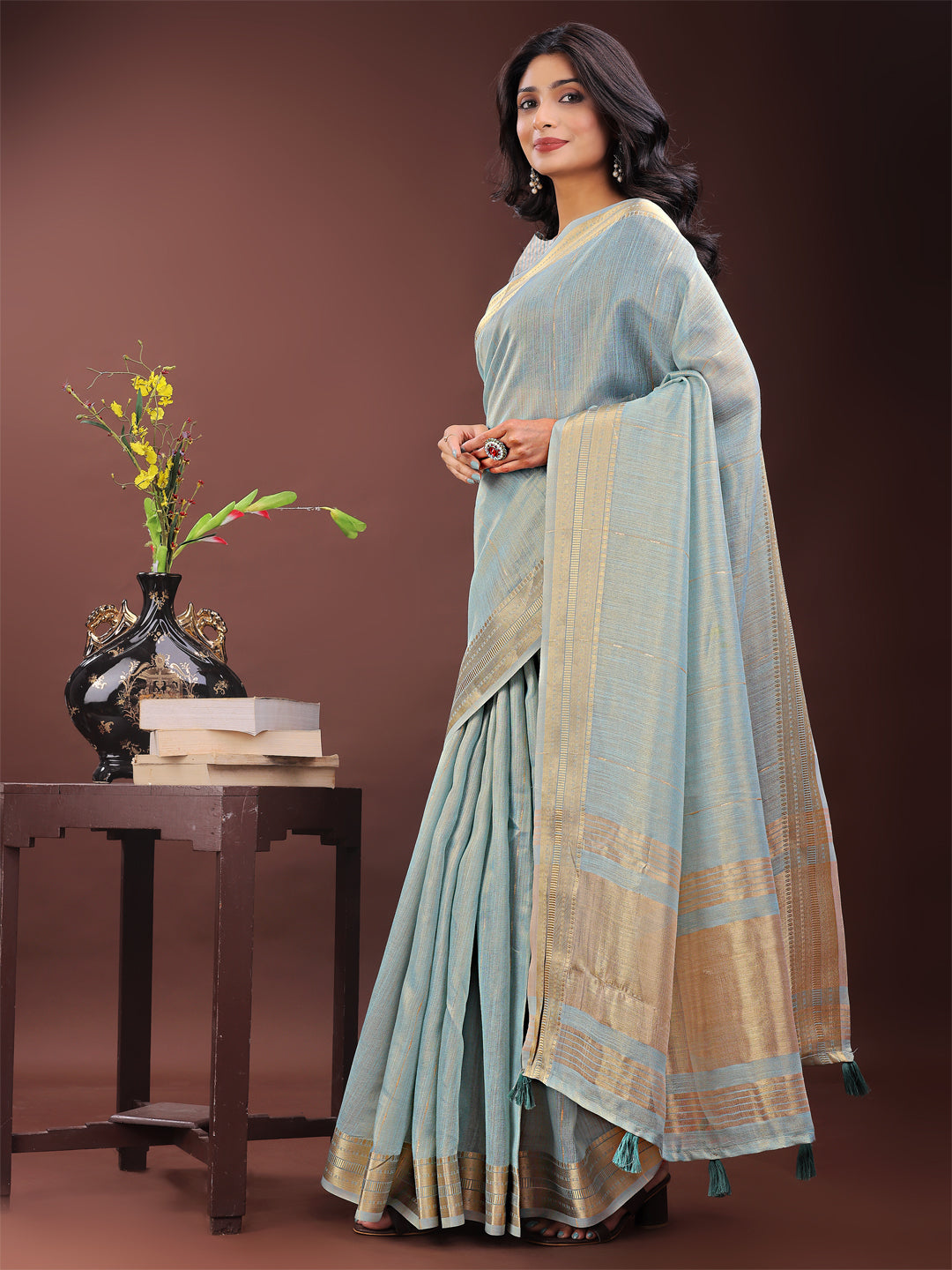 Shree Shyam Fashion Elegant Sky Blue Organza Saree with Golden Zari Border - Festive & Office Wear Saree with Blouse Piece