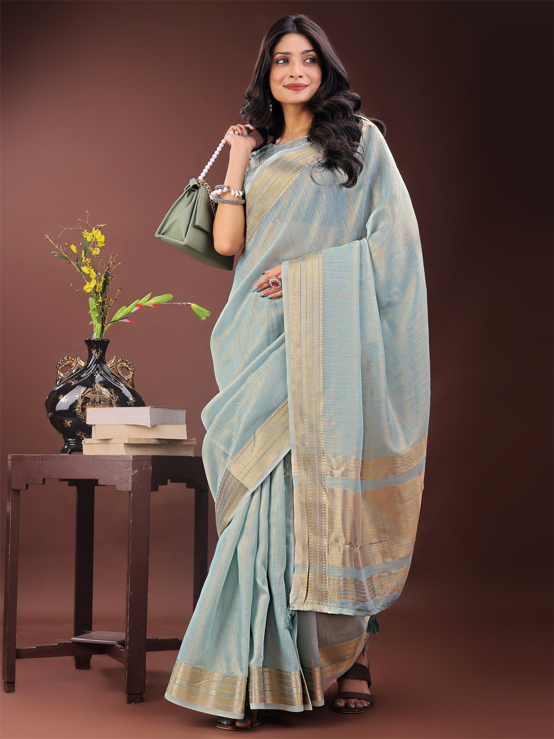 Shree Shyam Fashion Elegant Sky Blue Organza Saree with Golden Zari Border - Festive & Office Wear Saree with Blouse Piece