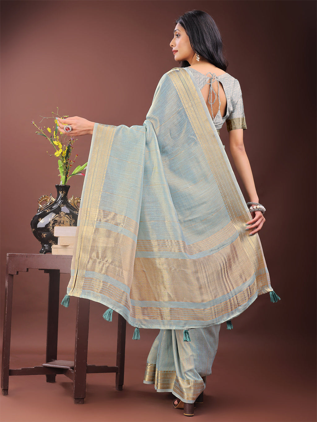 Shree Shyam Fashion Elegant Sky Blue Organza Saree with Golden Zari Border - Festive & Office Wear Saree with Blouse Piece