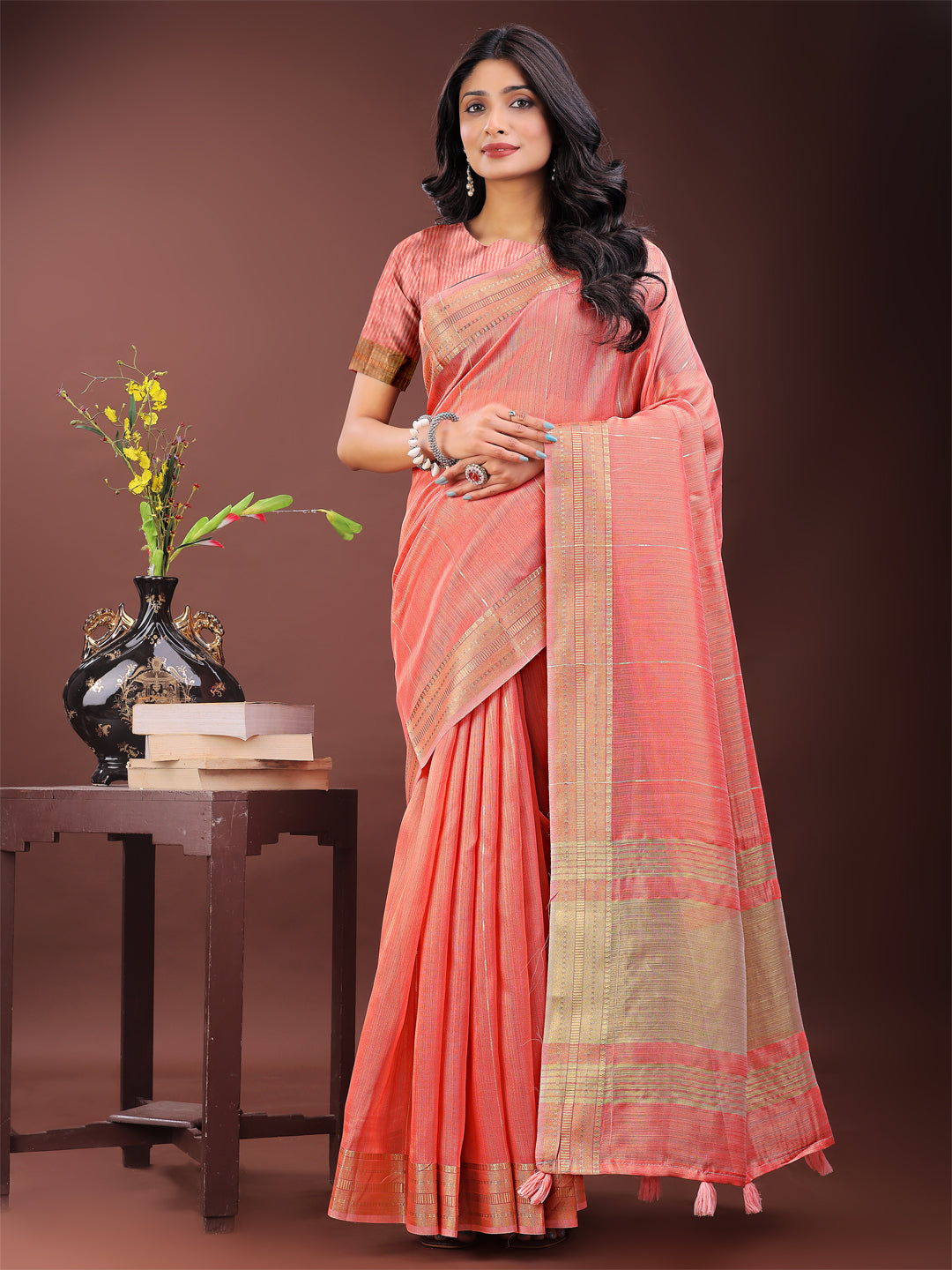 Shree Shyam Fashion Elegant Peach Organza Saree with Golden Zari Border - Festive & Office Wear Saree with Blouse Piece