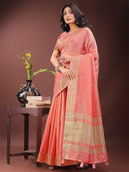 Shree Shyam Fashion Elegant Peach Organza Saree with Golden Zari Border - Festive & Office Wear Saree with Blouse Piece