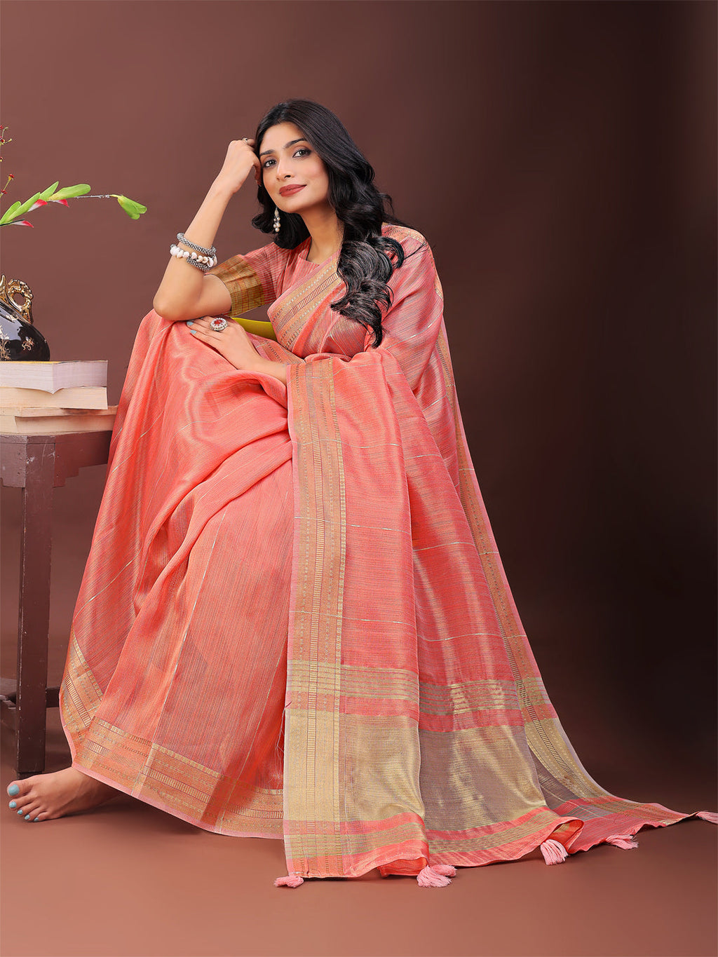 Shree Shyam Fashion Elegant Peach Organza Saree with Golden Zari Border - Festive & Office Wear Saree with Blouse Piece