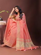 Shree Shyam Fashion Elegant Peach Organza Saree with Golden Zari Border - Festive & Office Wear Saree with Blouse Piece