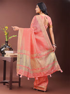 Shree Shyam Fashion Elegant Peach Organza Saree with Golden Zari Border - Festive & Office Wear Saree with Blouse Piece