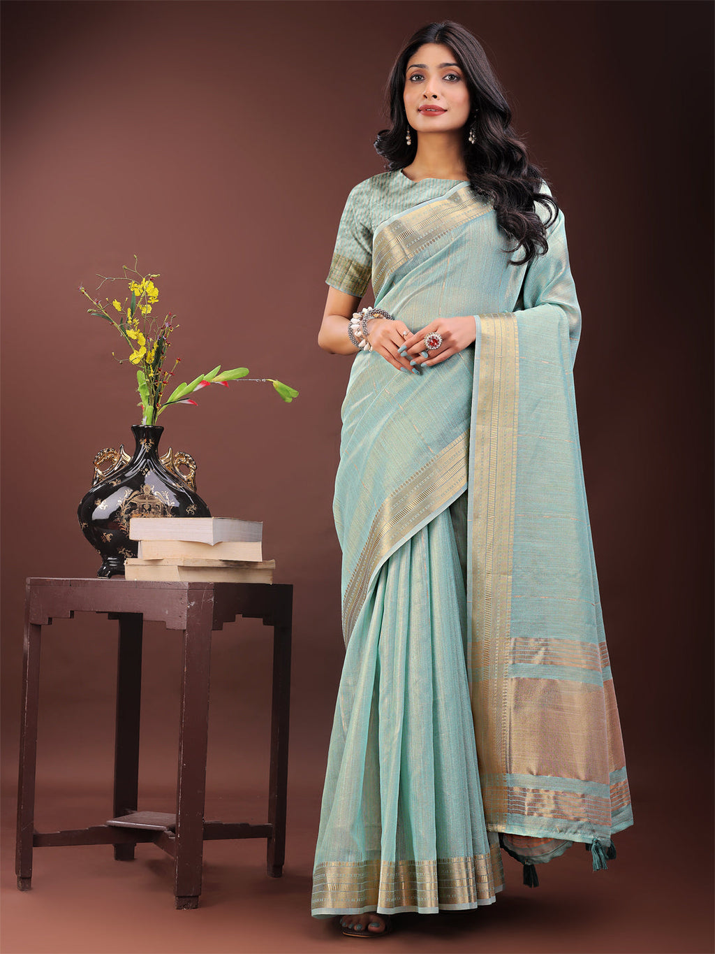 Shree Shyam Fashion Elegant Olive Green Organza Saree with Golden Zari Border - Festive & Office Wear Saree with Blouse Piece