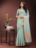 Shree Shyam Fashion Elegant Olive Green Organza Saree with Golden Zari Border - Festive & Office Wear Saree with Blouse Piece