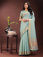 Shree Shyam Fashion Elegant Olive Green Organza Saree with Golden Zari Border - Festive & Office Wear Saree with Blouse Piece