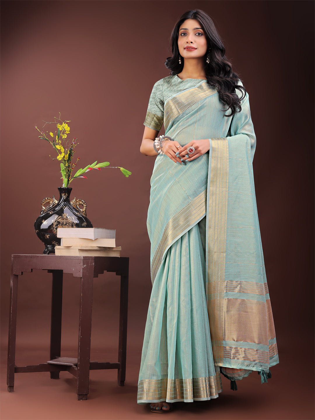 Shree Shyam Fashion Elegant Olive Green Organza Saree with Golden Zari Border - Festive & Office Wear Saree with Blouse Piece